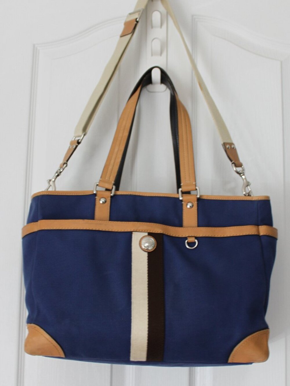 Coach Navy Blue Canvas Diaper Bag - Tan Leather Trim - Changing Pad Included 🍼⚓